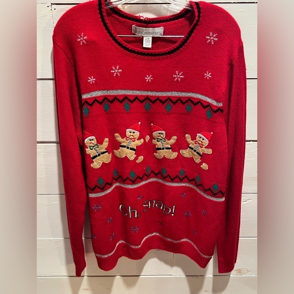 Jolly Sweaters Ugly Red Christmas Sweater, Gingerbread Man, large, acrylic, EUC